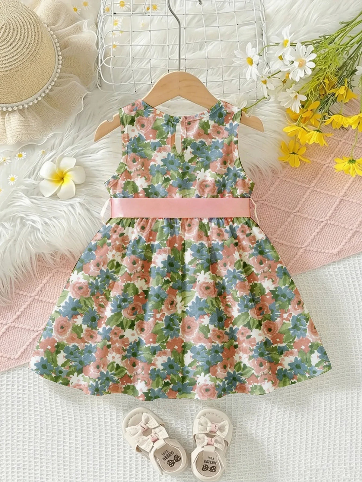 Vestido Infantil Feminino Floral Sem Manga Verde Lenogue