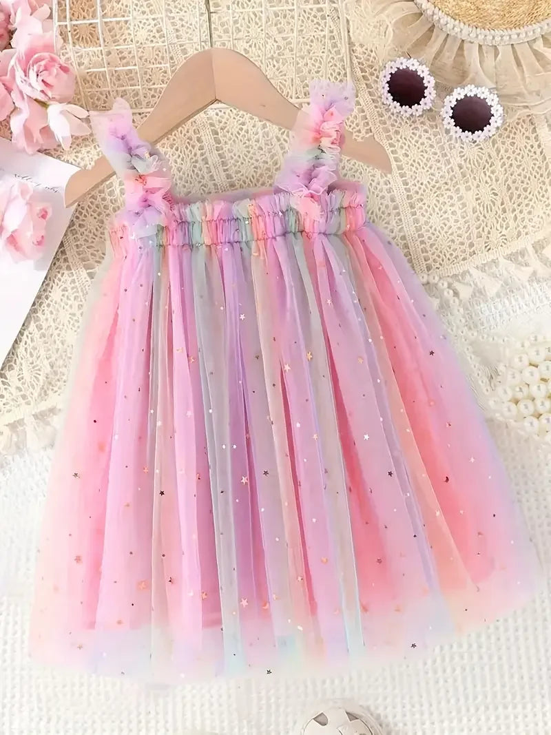 Vestido Infantil Feminino Tule Colorido Lenogue Rosa / 6-12 Meses