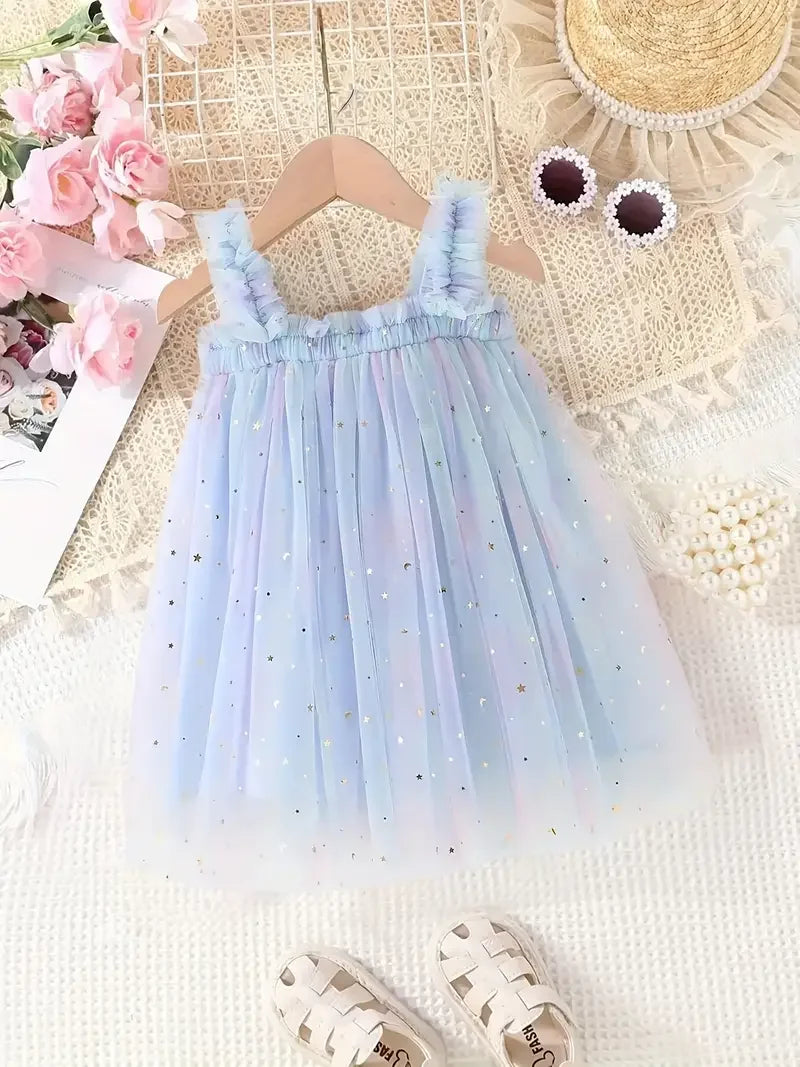 Vestido Infantil Feminino Tule Unicórnio Azul Lenogue