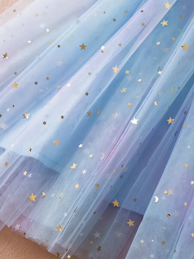Vestido Infantil Feminino Tule Unicórnio Azul Lenogue