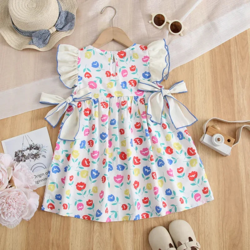 Vestido Infantil Floral Retrô com Laço e Manga Babado Lenogue