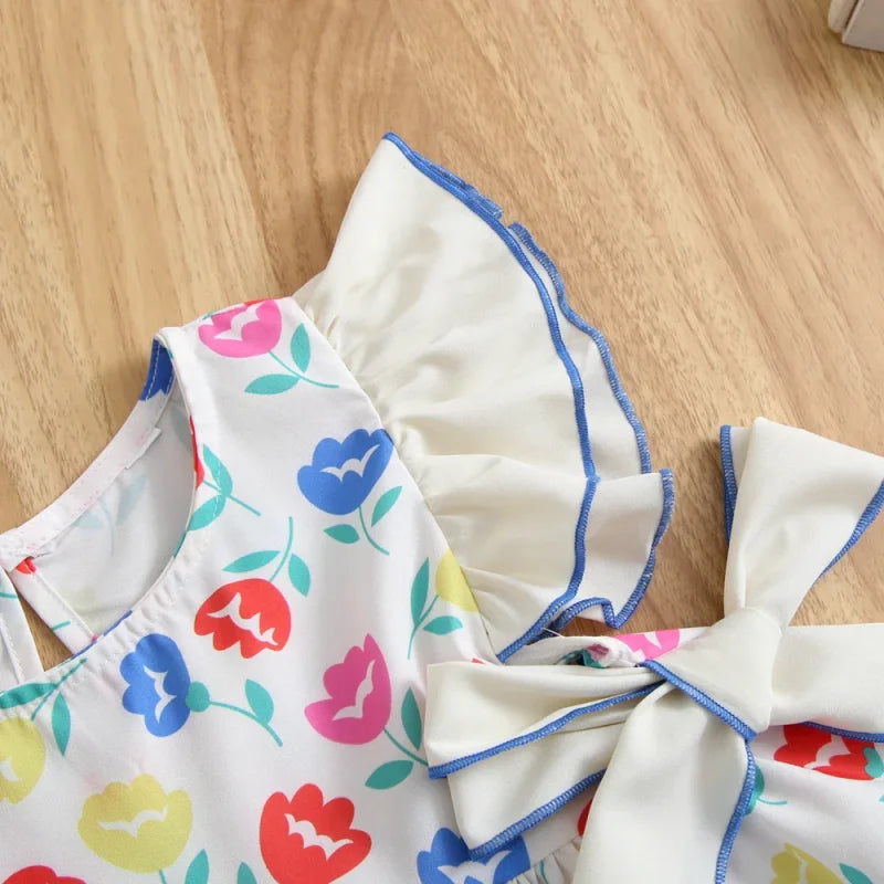 Vestido Infantil Floral Retrô com Laço e Manga Babado Lenogue