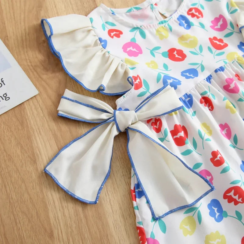 Vestido Infantil Floral Retrô com Laço e Manga Babado Lenogue