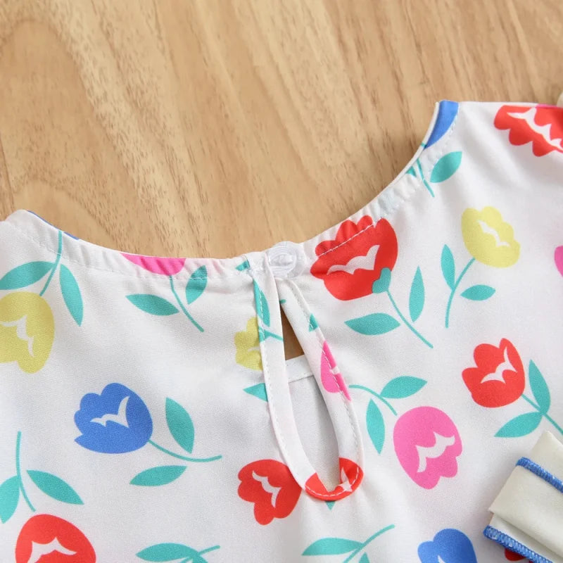 Vestido Infantil Floral Retrô com Laço e Manga Babado Lenogue