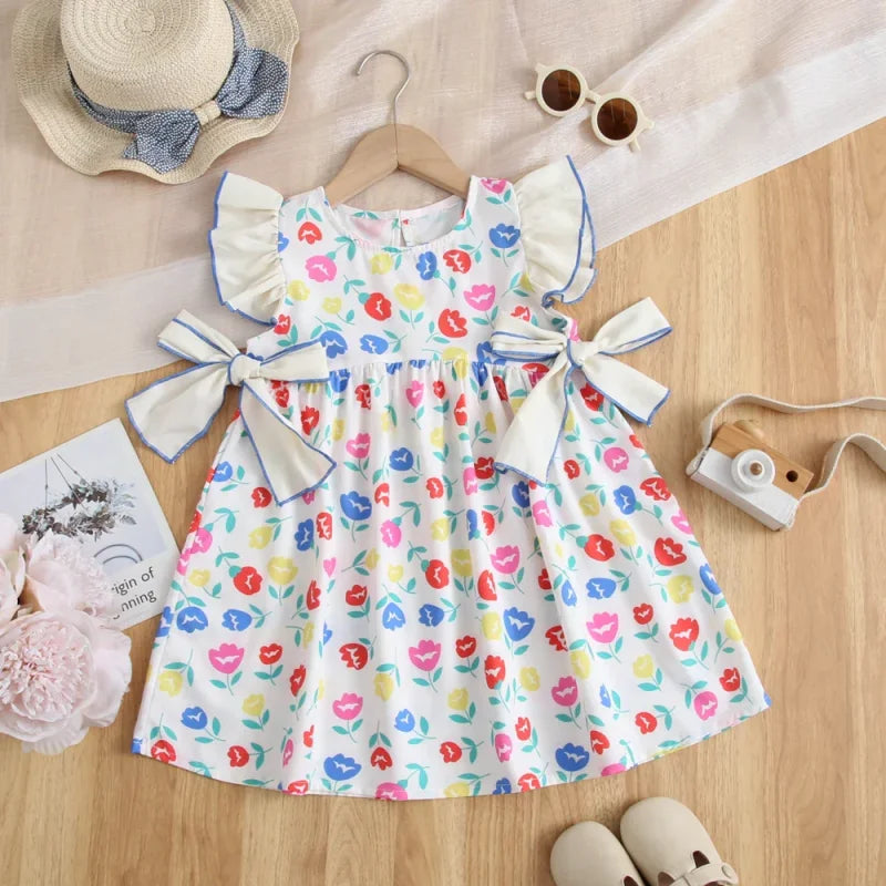 Vestido Infantil Floral Retrô com Laço e Manga Babado Lenogue Flores Coloridas / 18-24 Meses