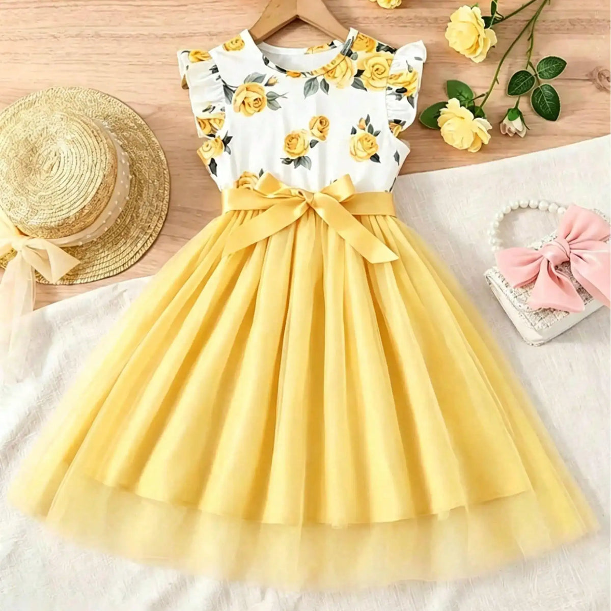 Vestido Infantil Floral Sem Manga Amarelo Lenogue