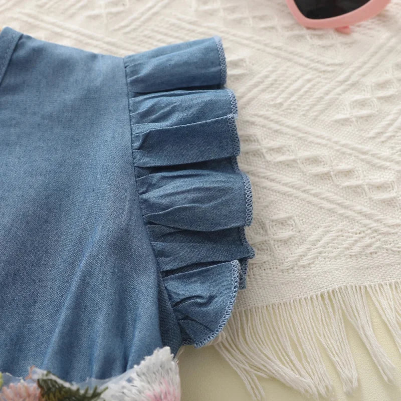 Vestido Infantil Jeans Tule Bordado Floral Manga Babado Lenogue