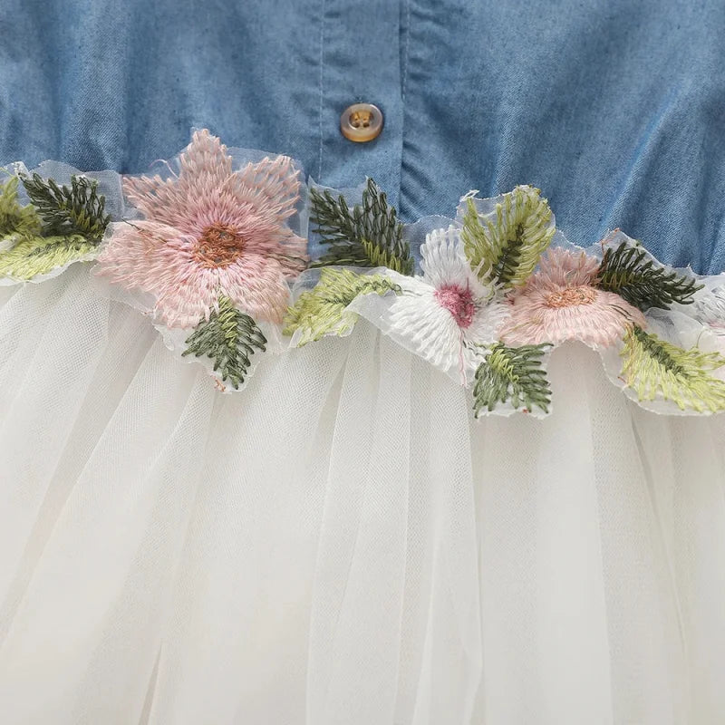 Vestido Infantil Jeans Tule Bordado Floral Manga Babado Lenogue