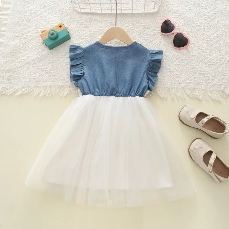 Vestido Infantil Jeans Tule Bordado Floral Manga Babado Lenogue