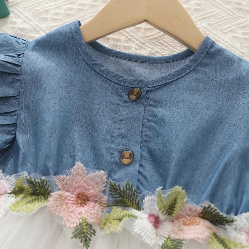 Vestido Infantil Jeans Tule Bordado Floral Manga Babado Lenogue