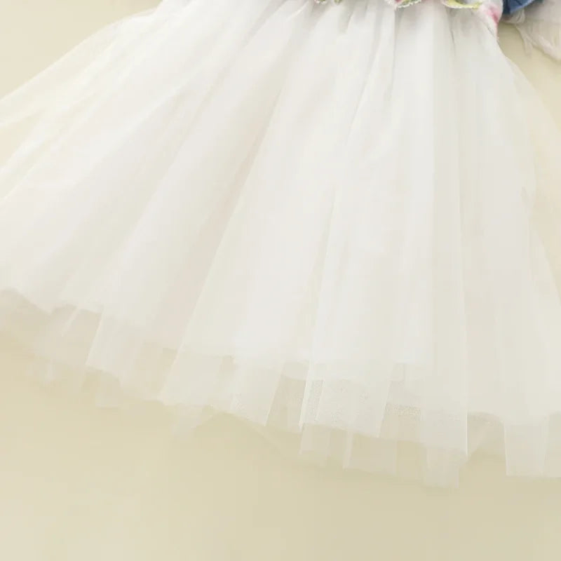 Vestido Infantil Jeans Tule Bordado Floral Manga Babado Lenogue