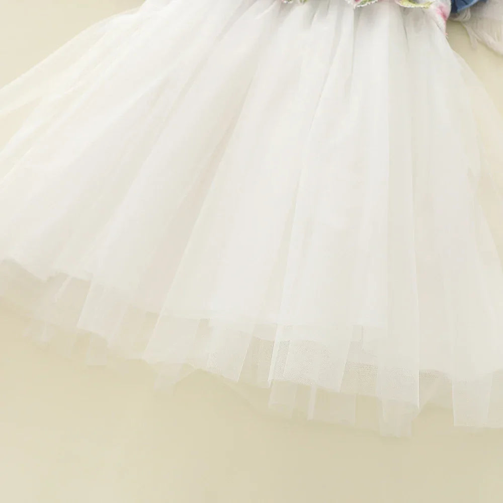 Vestido Infantil Jeans Tule Bordado Floral Manga Babado Lenogue