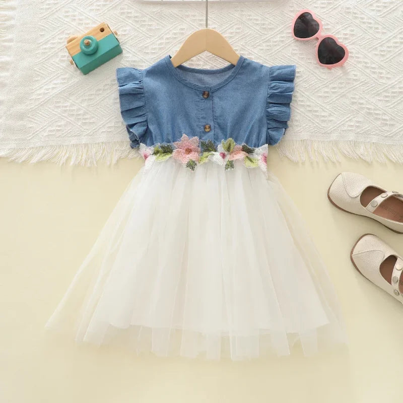 Vestido Infantil Jeans Tule Bordado Floral Manga Babado Lenogue Azul e Branco / 18-24 Meses