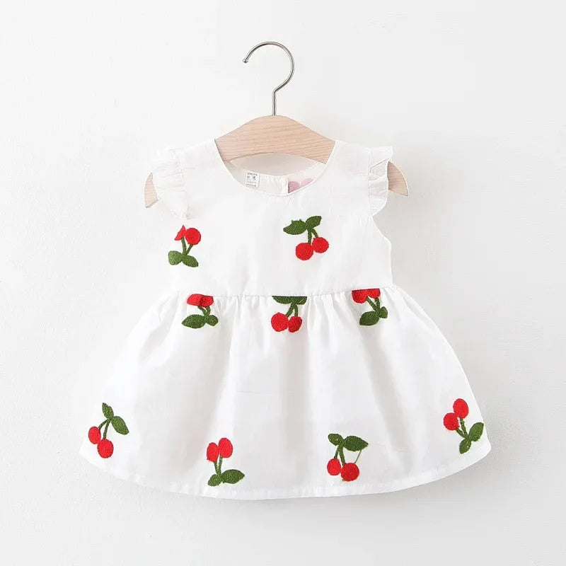 Vestido Infantil Princesa Bordado Cereja Manga Bufante Lenogue Branco / 6-12 Meses
