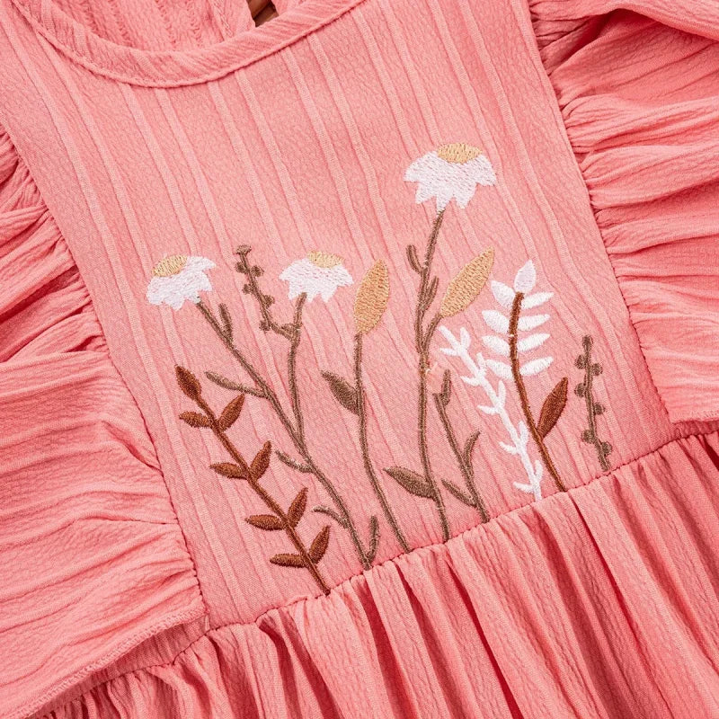 Vestido Infantil Princesa Bordado Floral Manga Babado Lenogue