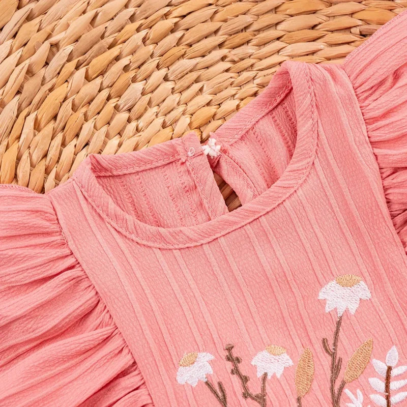 Vestido Infantil Princesa Bordado Floral Manga Babado Lenogue