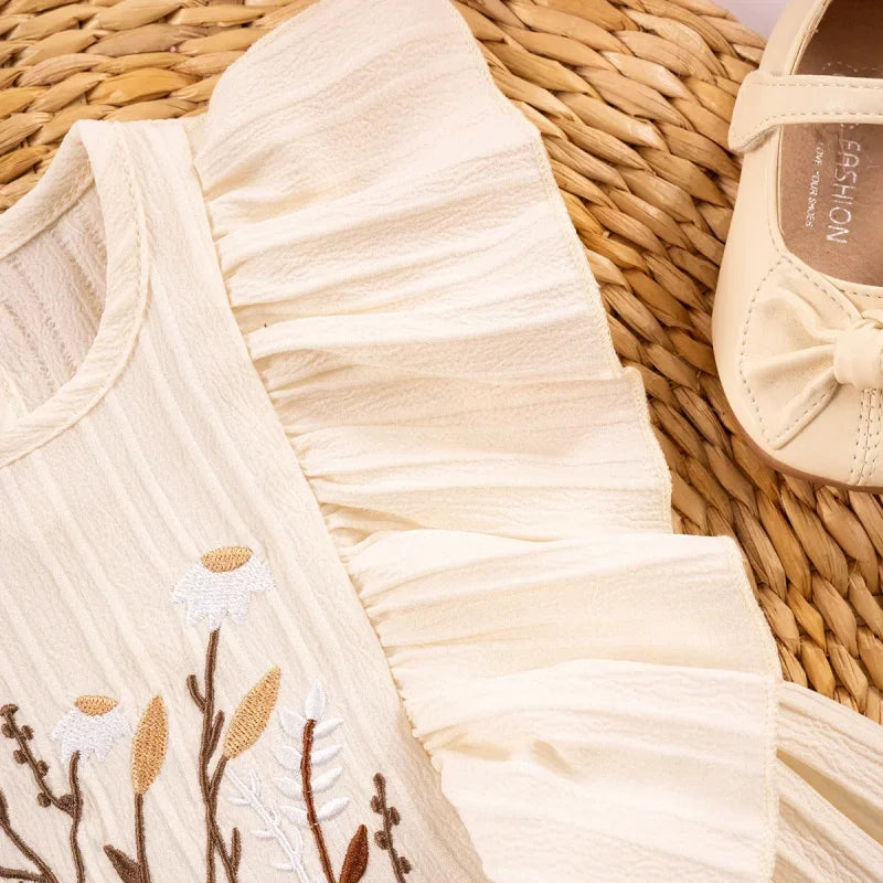 Vestido Infantil Princesa Bordado Floral Manga Babado Lenogue