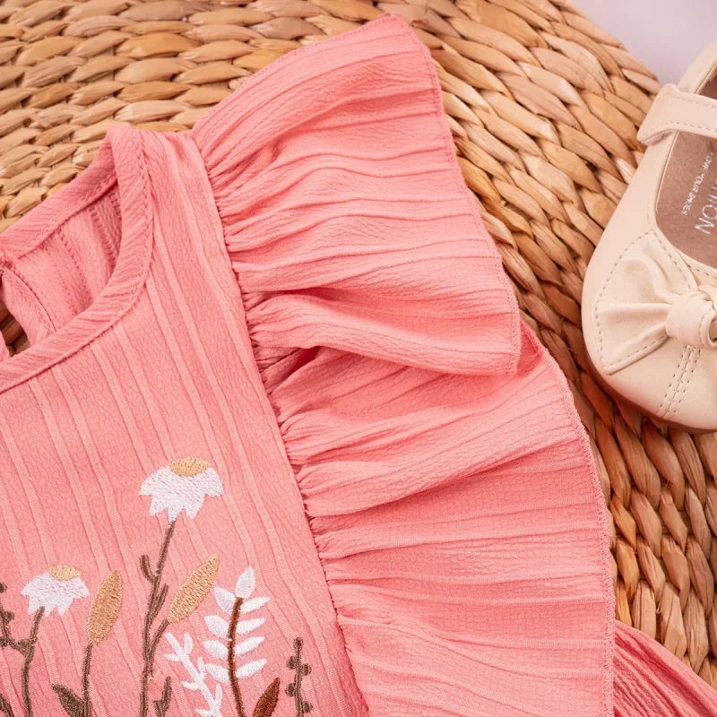 Vestido Infantil Princesa Bordado Floral Manga Babado Lenogue