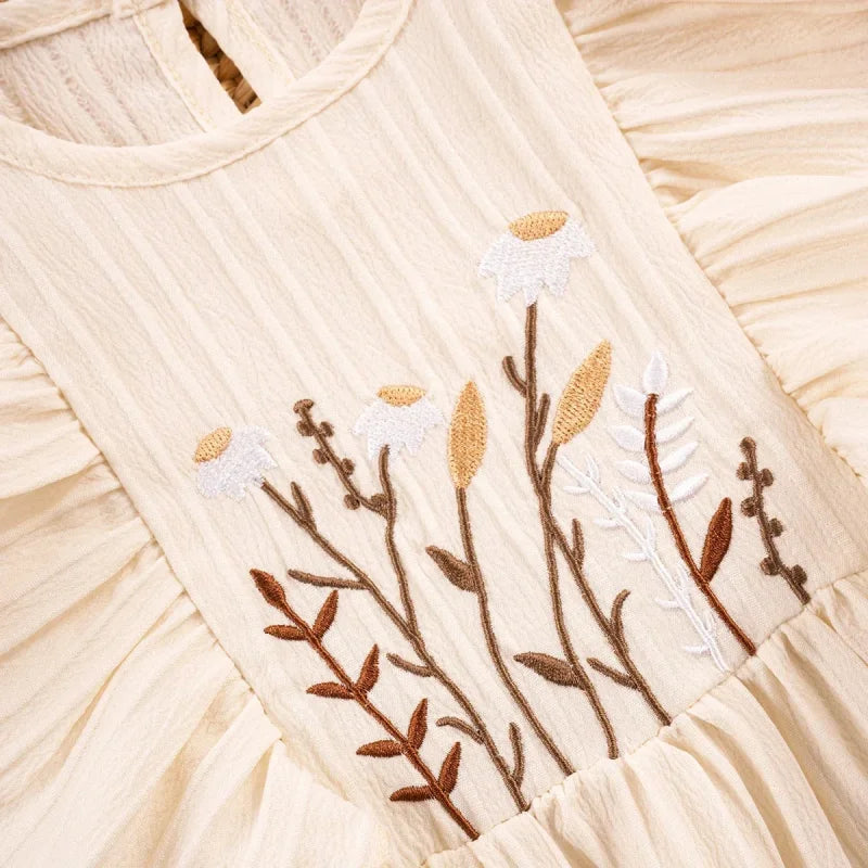 Vestido Infantil Princesa Bordado Floral Manga Babado Lenogue