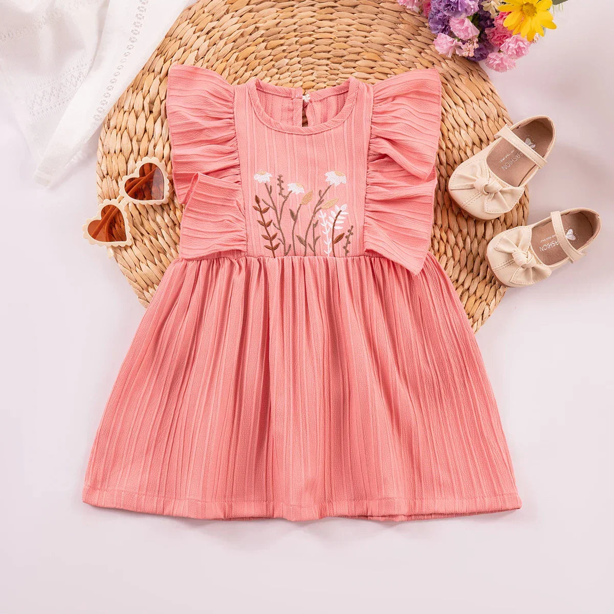 Vestido Infantil Princesa Bordado Floral Manga Babado Lenogue Rosa / 6-12 Meses