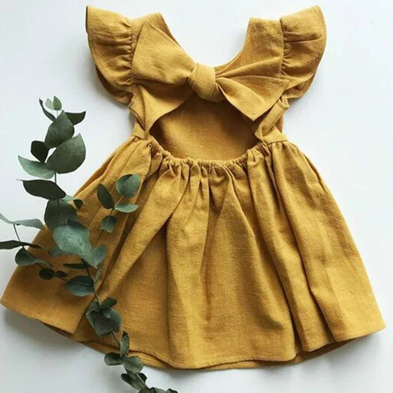 Vestido Infantil Ruffles sem Manga Laço nas Costas Lenogue Amarelo / 6-12 Meses