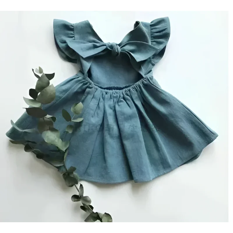Vestido Infantil Ruffles sem Manga Laço nas Costas Lenogue Azul / 6-12 Meses