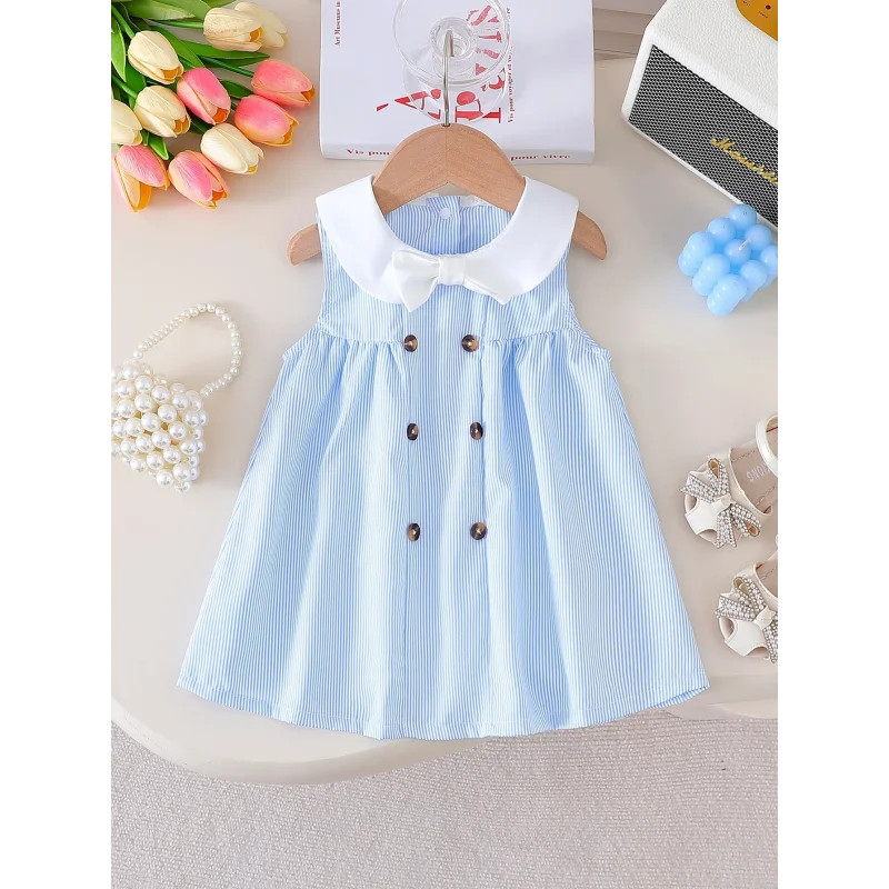 Vestido Infantil Tricot sem Manga com Botões Lenogue Azul / 3-6 Meses