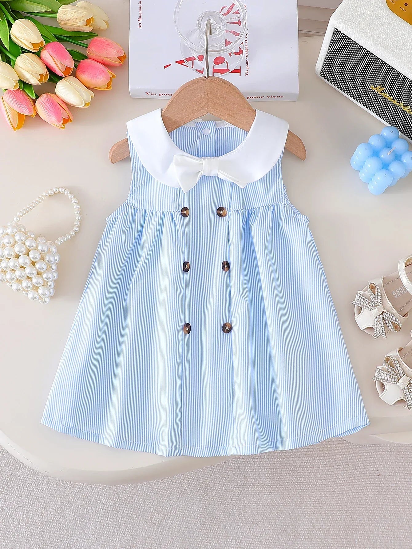 Vestido Infantil Tricot sem Manga com Botões Lenogue Azul / 3-6 Meses