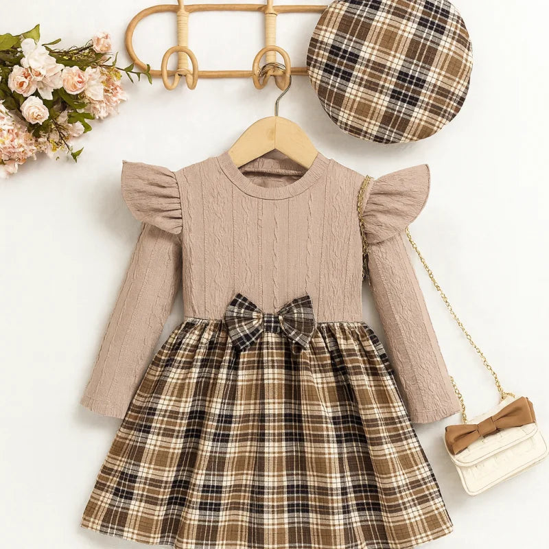 Vestido Infantil Xadrez com Boina Estilo Britânico Lenogue