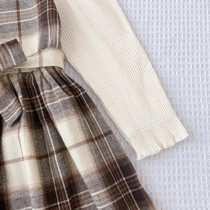 Vestido Infantil Xadrez Manga Longa com Cinto e Chapéu Lenogue