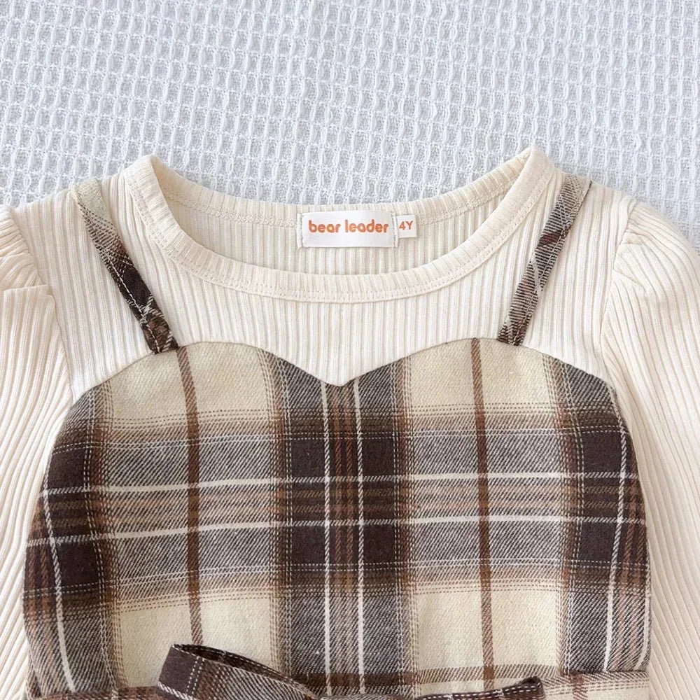 Vestido Infantil Xadrez Manga Longa com Cinto e Chapéu Lenogue