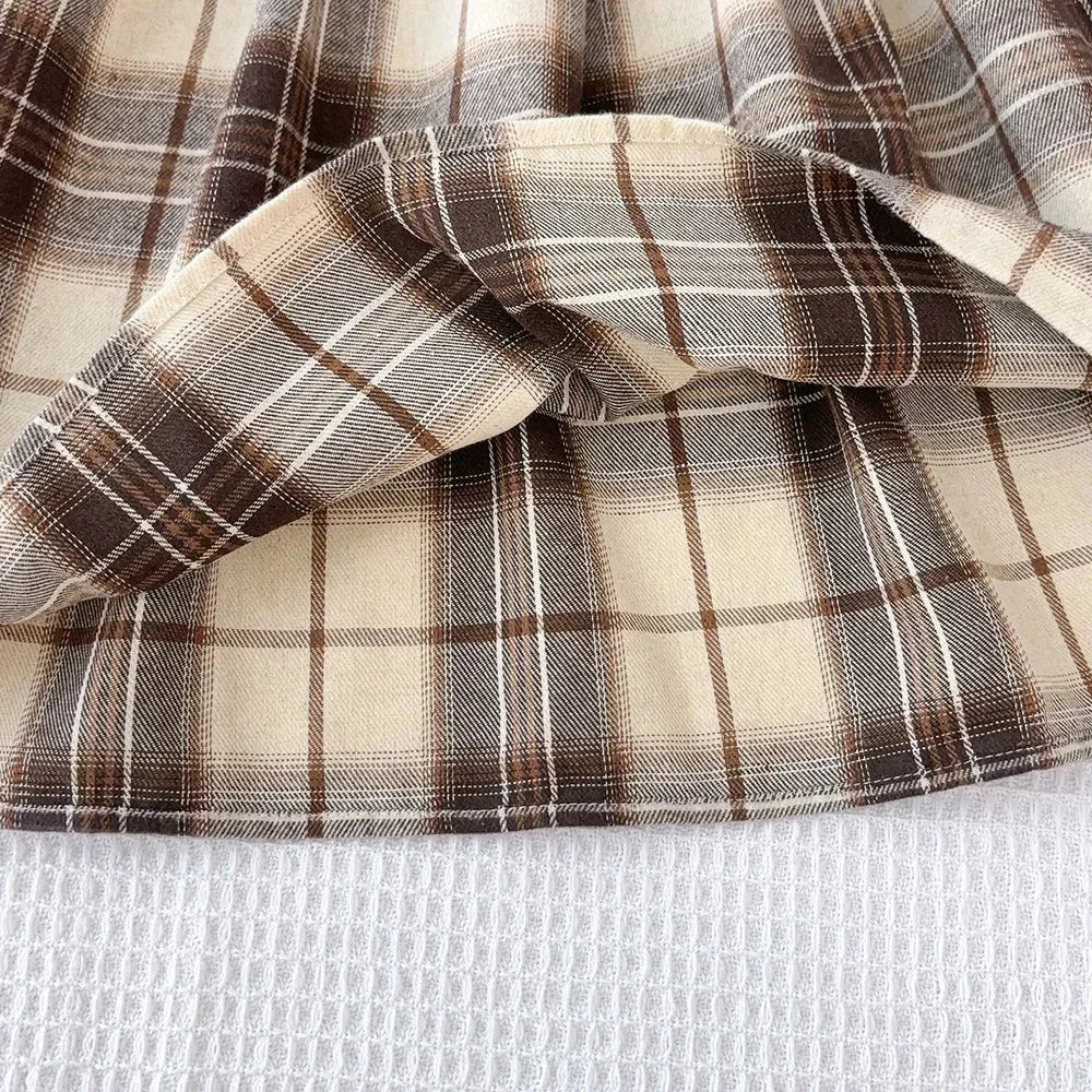 Vestido Infantil Xadrez Manga Longa com Cinto e Chapéu Lenogue