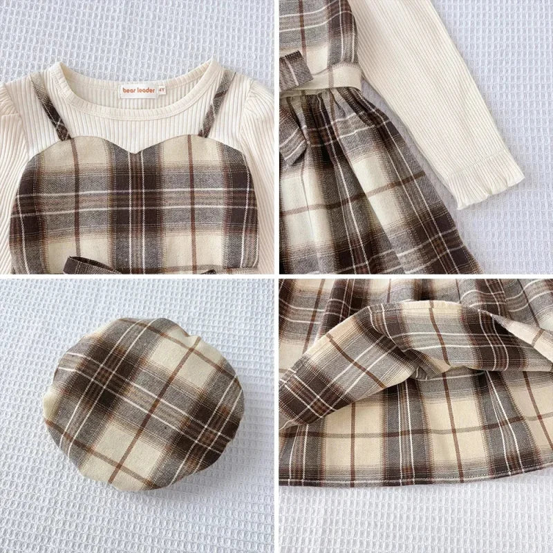 Vestido Infantil Xadrez Manga Longa com Cinto e Chapéu Lenogue