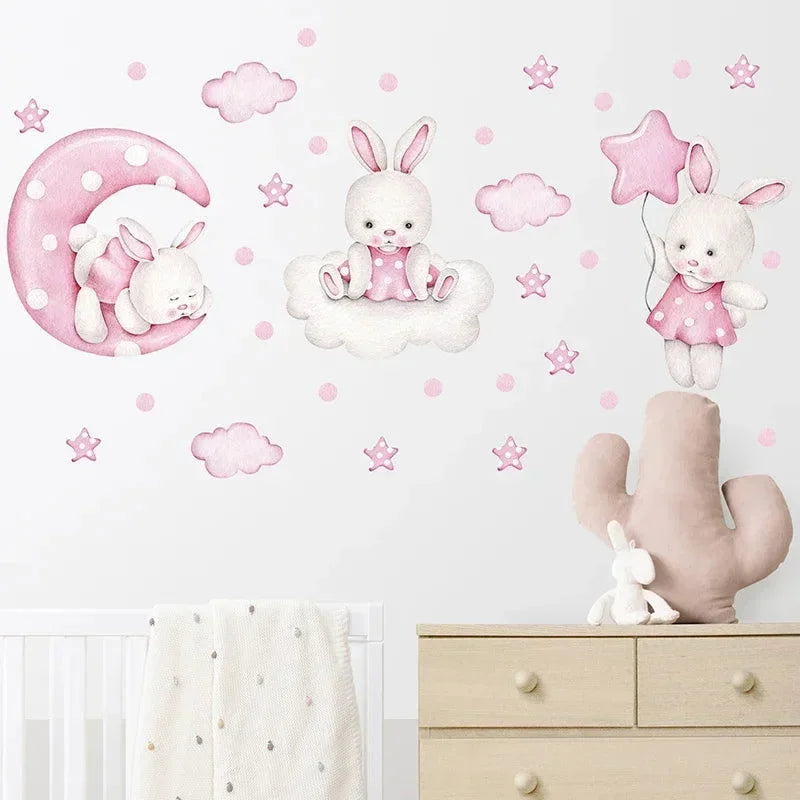 Adesivos de Parede Coelhos e Lua Aquarela para Decoração Infantil Lenogue