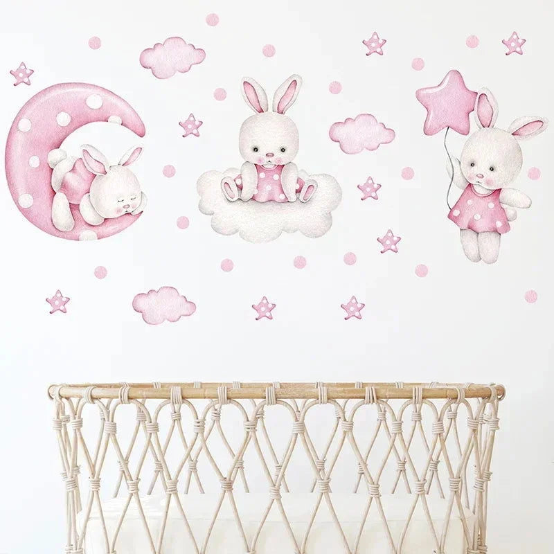 Adesivos de Parede Coelhos e Lua Aquarela para Decoração Infantil Lenogue