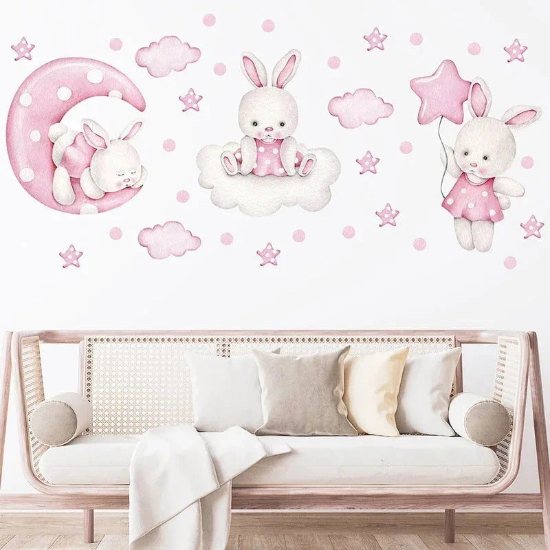 Adesivos de Parede Coelhos e Lua Aquarela para Decoração Infantil Lenogue