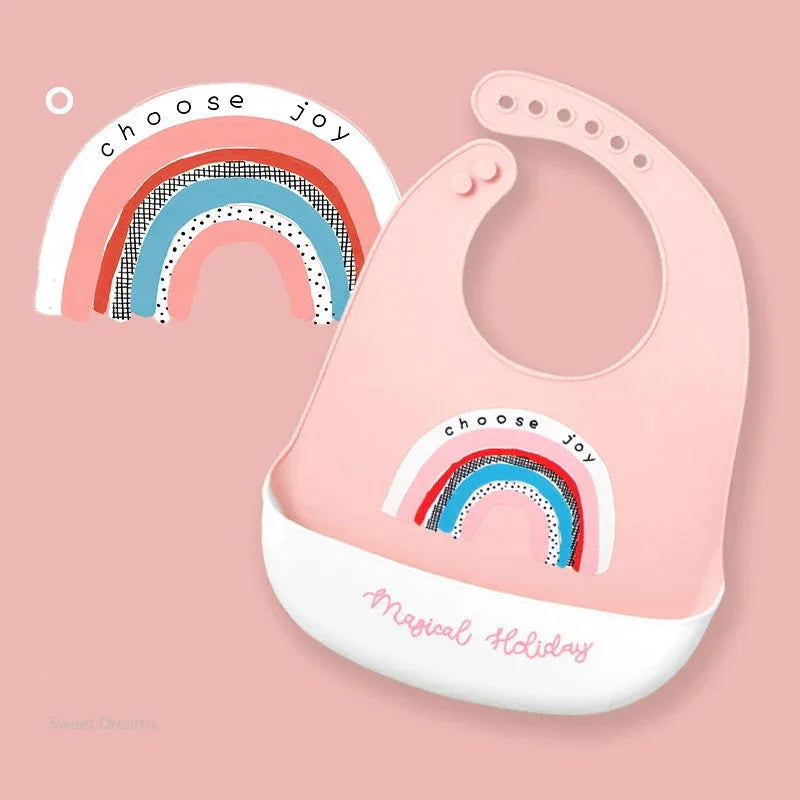 Babador Infantil Silicone à Prova D’água Rosa Lenogue Arco-íris / Sílica Gel / 30 x 21 Cm