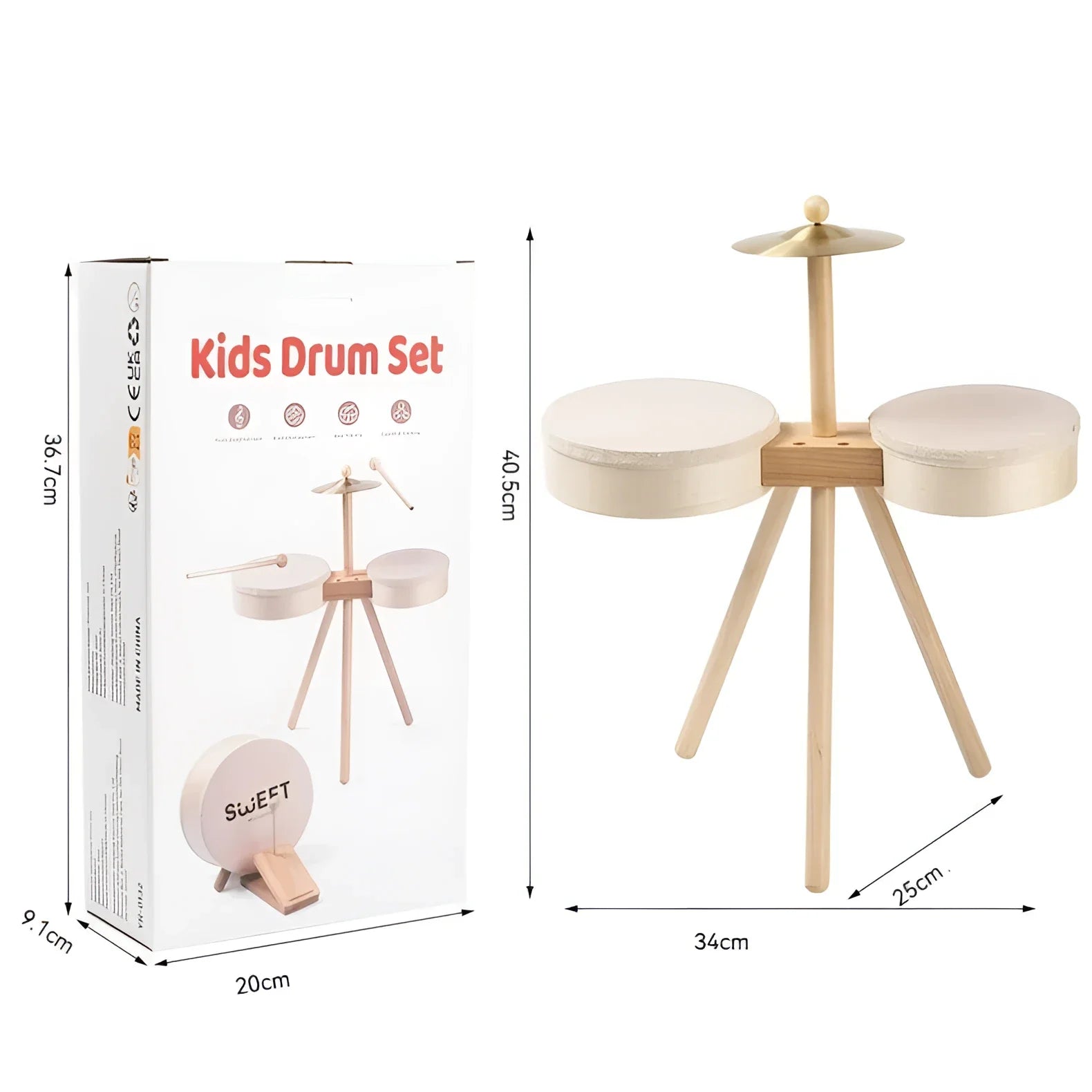 Bateria Infantil de Madeira Educativa Percussão Lenogue Bege e Branco