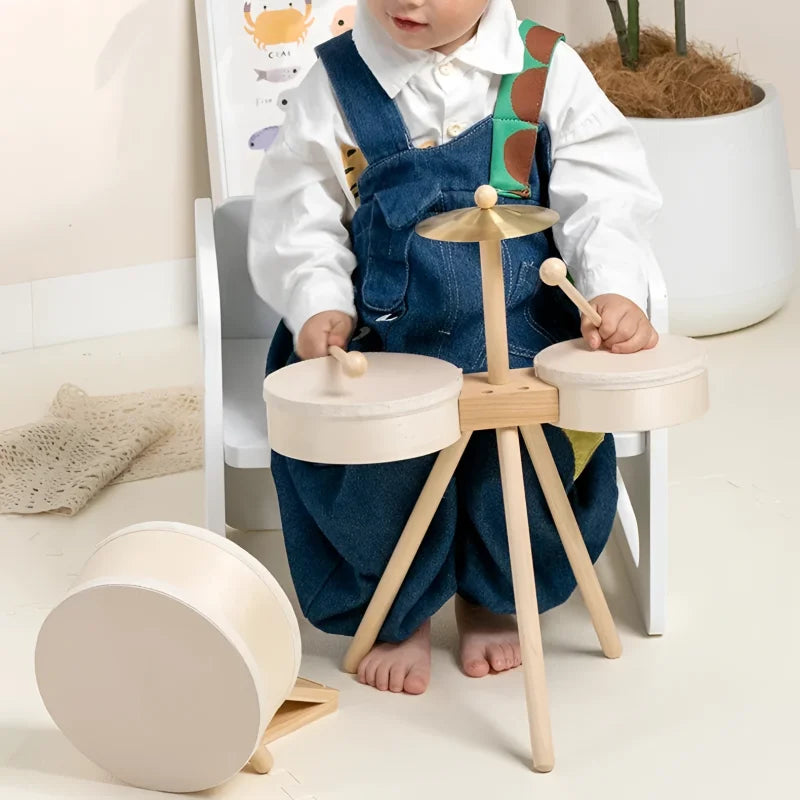 Bateria Infantil de Madeira Educativa Percussão Lenogue Bege e Branco
