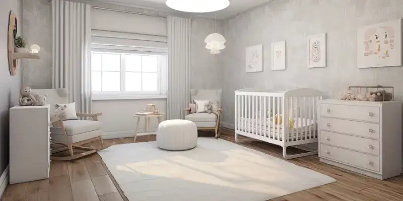 Berço branco com estrutura de madeira e design floral, cômoda combinando.