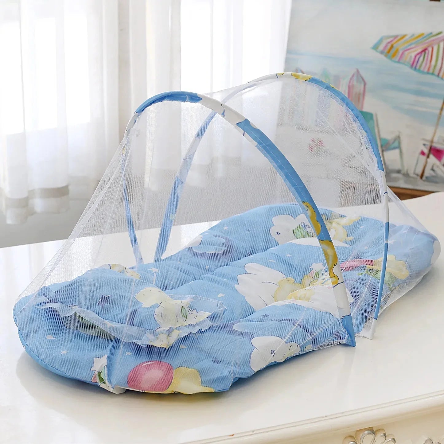 Berço Infantil Portátil com Mosquiteira Lenogue Azul