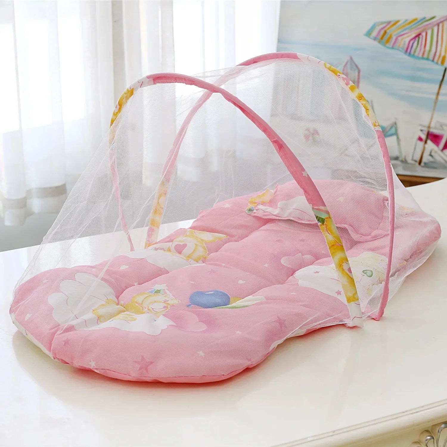 Berço Infantil Portátil com Mosquiteira Lenogue Rosa