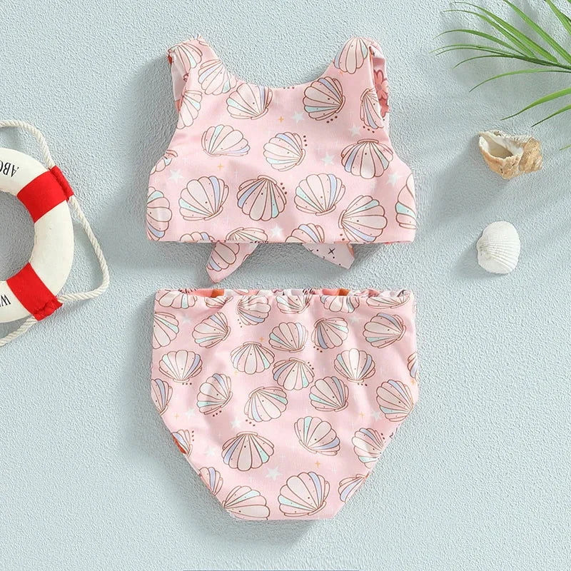 Biquini Infantil Feminino Conchas Azul com Hot Pant e Biquini Refinado