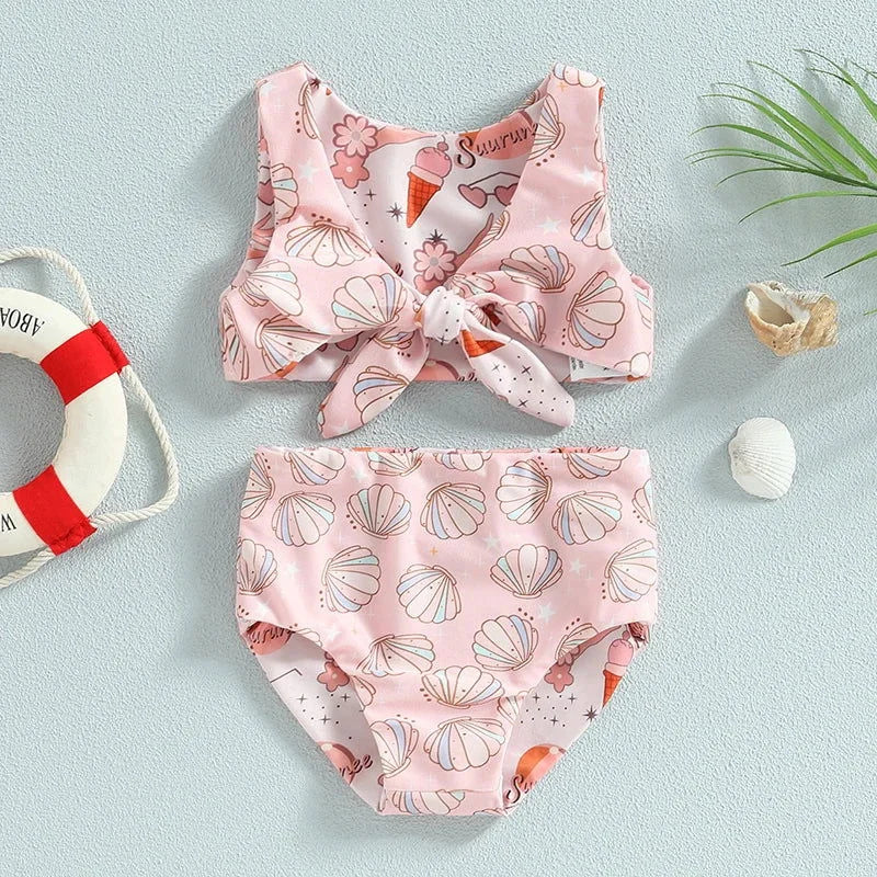 Biquini Infantil Feminino Conchas Azul com Hot Pant e Biquini Refinado