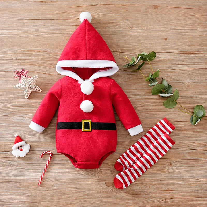 Body Infantil de Poliéster Manga Longa Papai Noel com Meias Lenogue Vermelho / 0-3 Meses