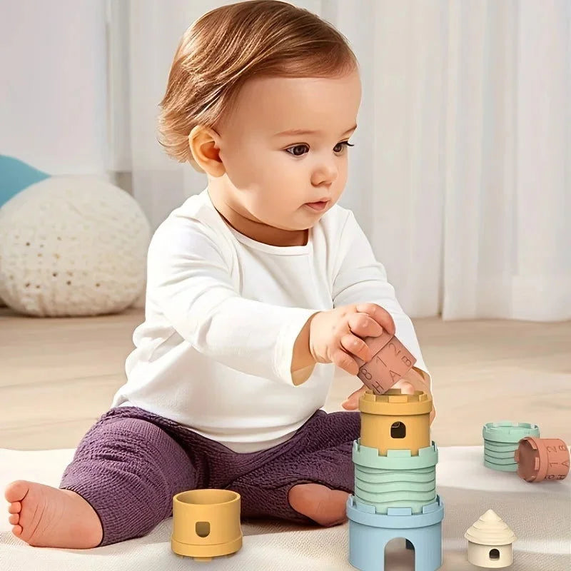 Brinquedo Infantil Empilhável Silicone Colorido Lenogue Castelo com 5 Peças