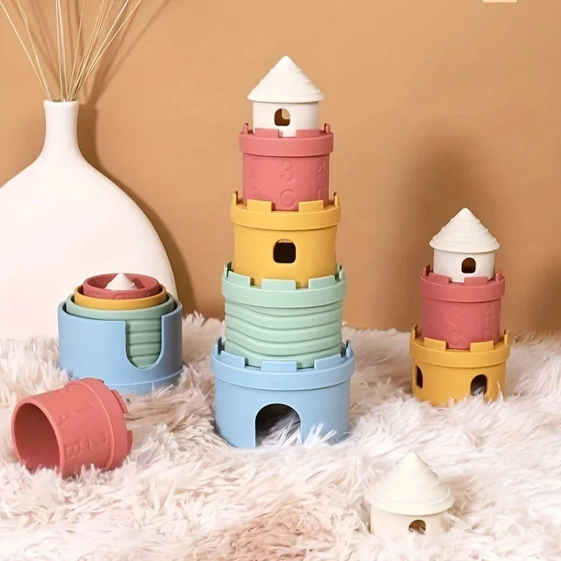 Brinquedo Infantil Empilhável Silicone Colorido Lenogue Castelo com 5 Peças