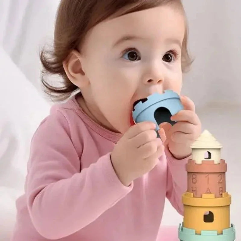 Brinquedo Infantil Empilhável Silicone Colorido Lenogue Castelo com 5 Peças