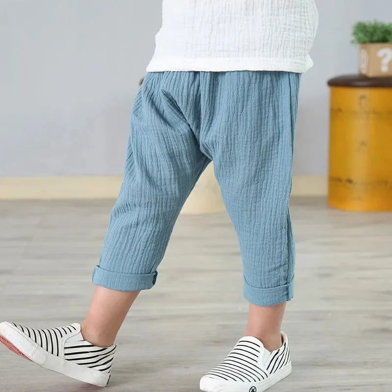 Calça Infantil de Linho Hamdan Bege Lenogue Azul / 12 Meses