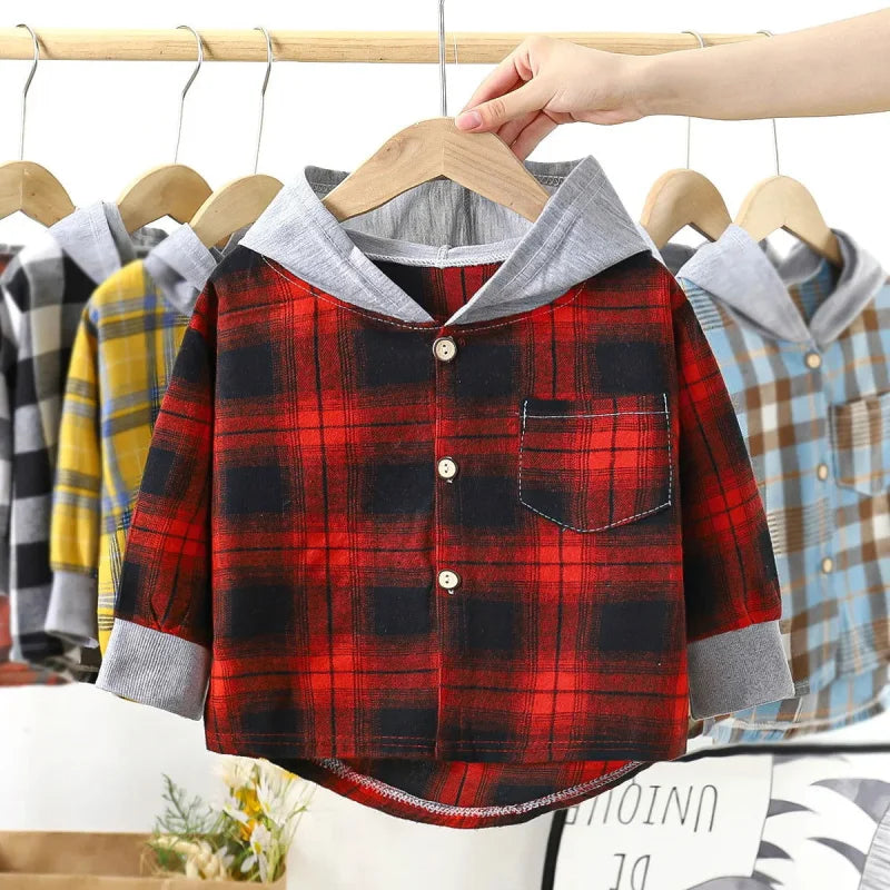 Camisa Infantil Masculina com Capuz Xadrez Lenogue para Primavera e Outono Vermelho / 2 anos (80-90cm)